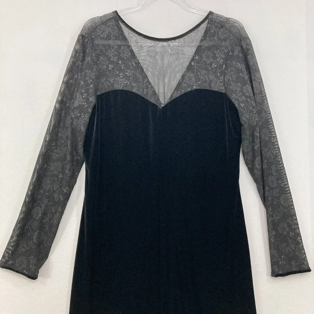 Vintage‎ Bobbie Bee size 14 Black Velvet Mesh V Neck Dark Romantic Maxi Dress